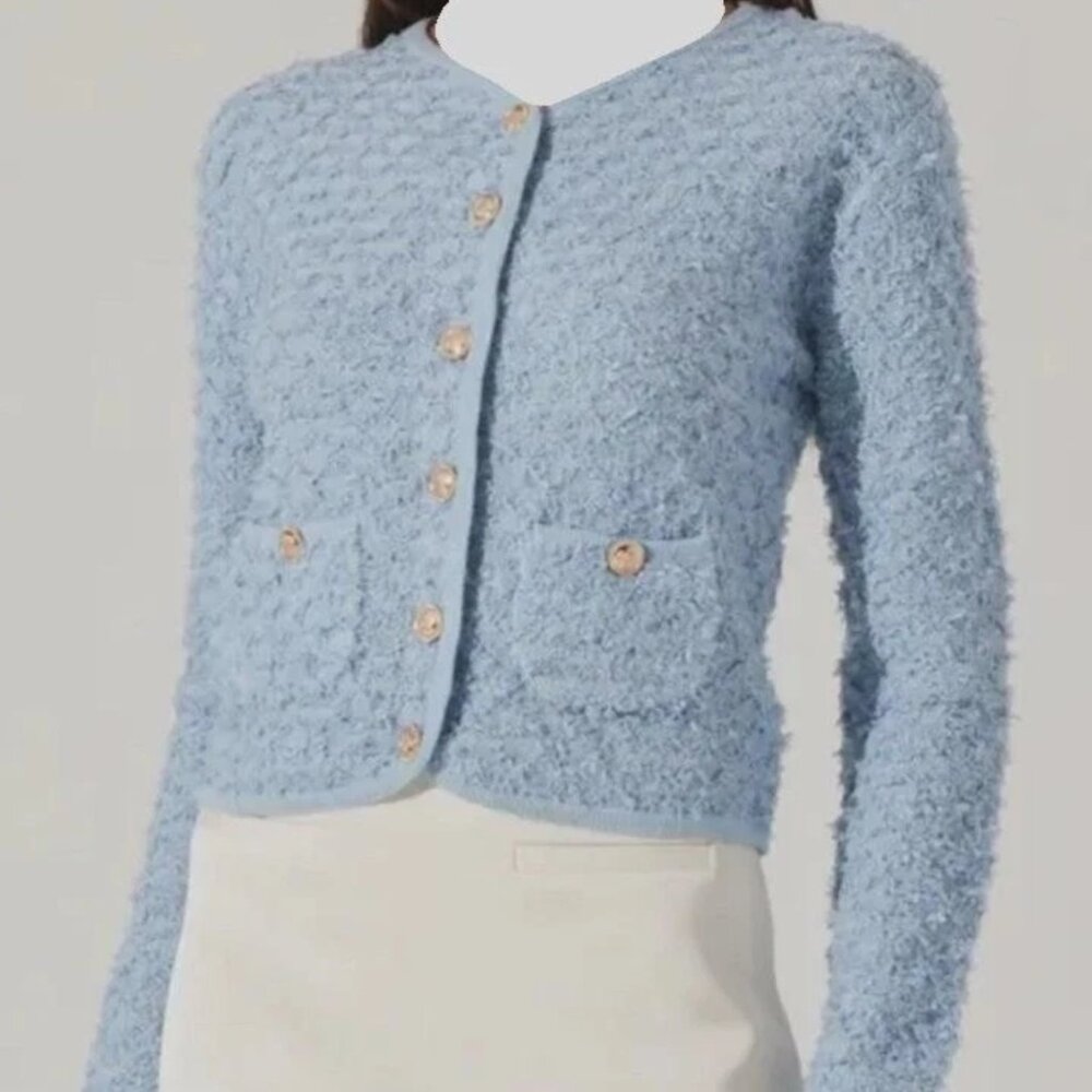 ASTR The Label Textured Patch Pocket Cardigan Blue Womens Size L New with tags